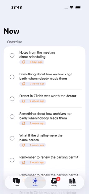 The Now tab, listing overdue reminders with the day each was set for.